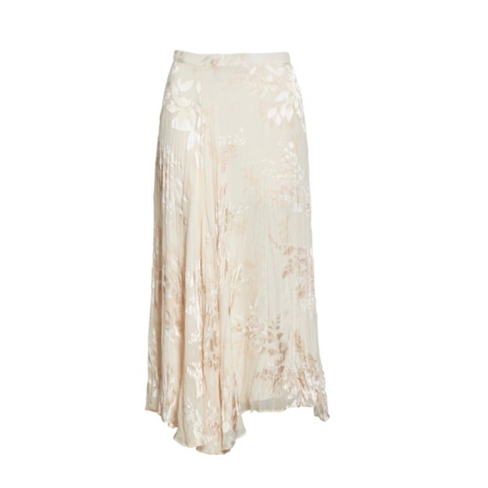 Vince Champagne Gold Metallic Floral Burnout Chiffon Pleated Midi Skirt 4 Luxe